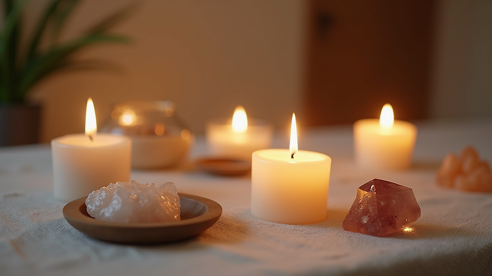 Close-up view of a serene Reiki healing space with candles and crystals