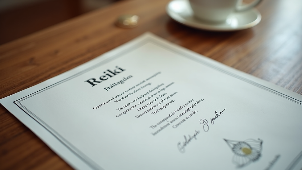 Close-up view of a Reiki certification document on a wooden table