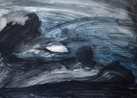 Zdenka Verešová, plenérový akvarel z ostrova Ile de Groix ve Francii. Atlantik v pohybu, vítr, síla přírodního živlu v barvě indigo a černé. Vlny oceánu rozbouřené.