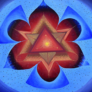Zdenka Verešová, obraz z cyklu Amulet. Světle modrá květina s červeným středem, geometrie, síla, energie.