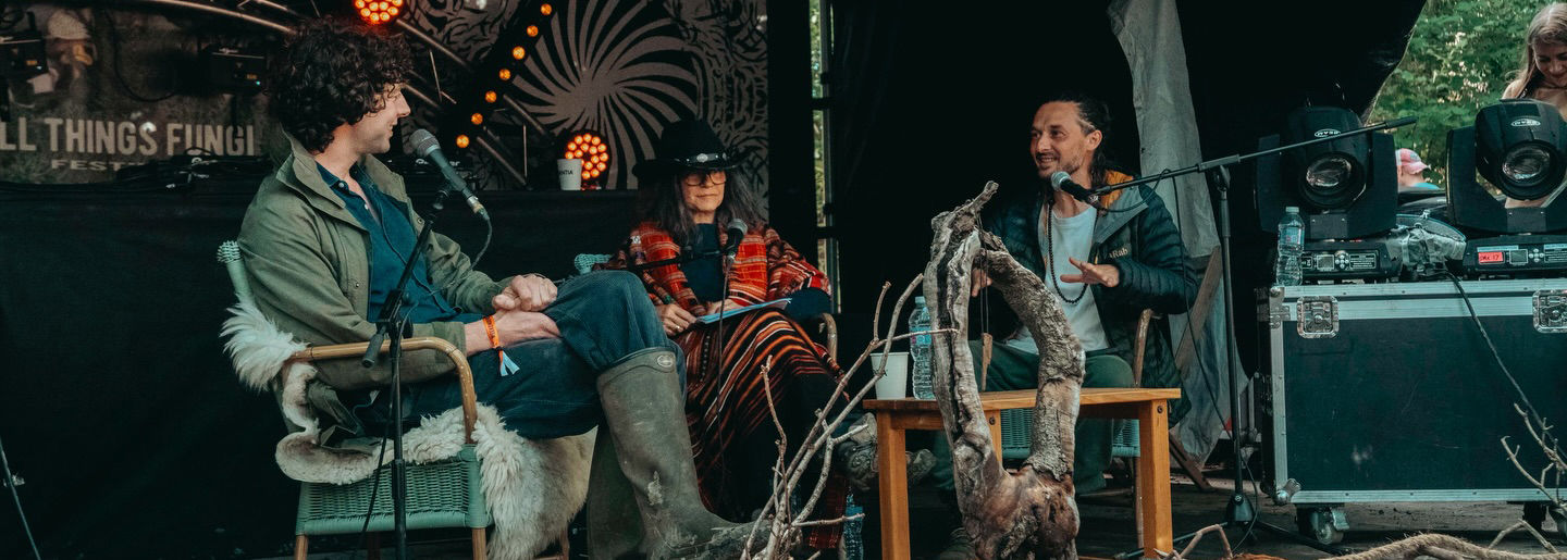 Merlin Sheldrake Jana Nicole & Max Mudie on stage at All Things Fungi Festival