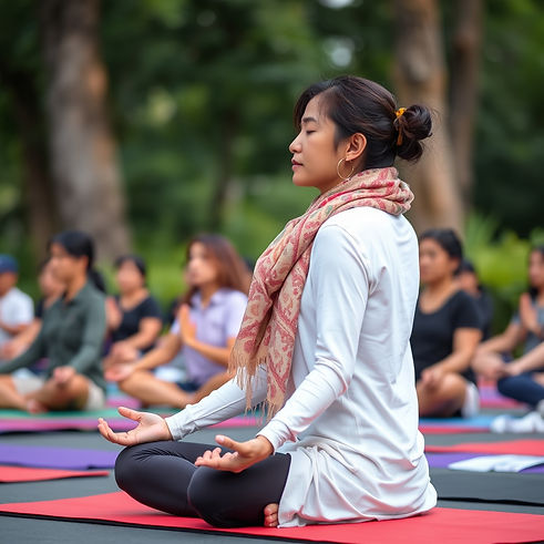 rebalance yoga meditation, malaysian, many people sitting down, sitting down, female with
