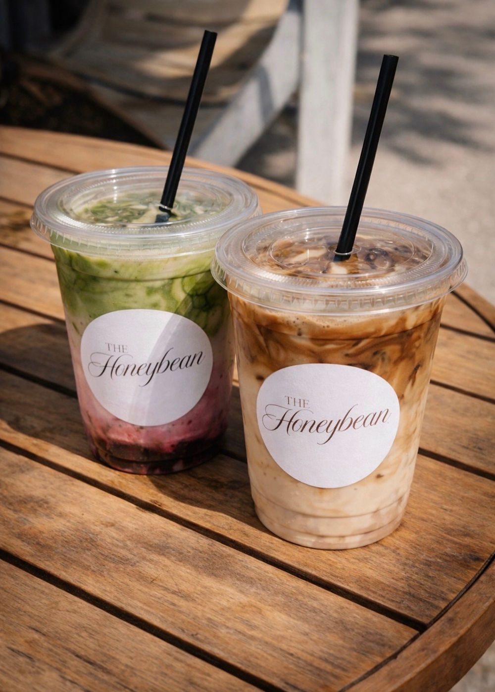 Iced coffee and matcha latte from The Honeybean