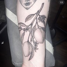 Fine line peaches tattoo, realism, nature, fruit tattoo, Lucky Monkey Tattoo, Ritual