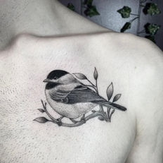 Fine line bird tattoo, chickadee, nature, realism, Lucky Monkey Tattoo, Ritual, Ann Arbor