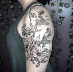 Fine line birds and flowers tattoo, nature, realistic, realism, Lucky Monkey Tattoo, Ritual