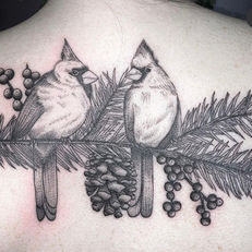 Fine line cardinals tattoo, berries, pine cones, Lucky Monkey Tattoo, Ritual