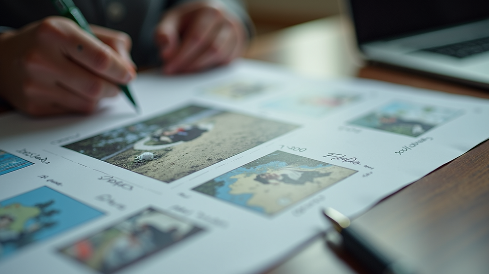 Close-up view of a storyboard with video concepts and notes