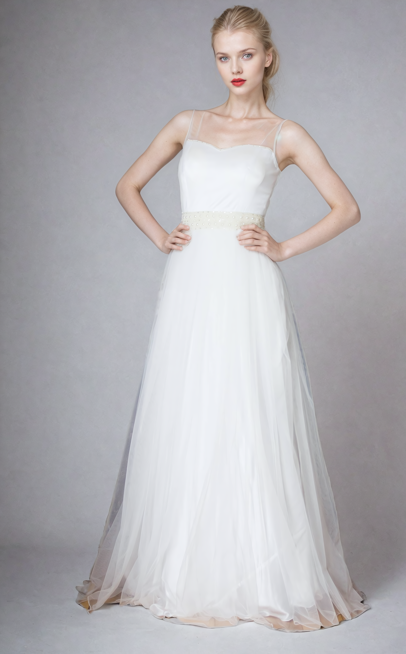White tulle gown with pearl waistband