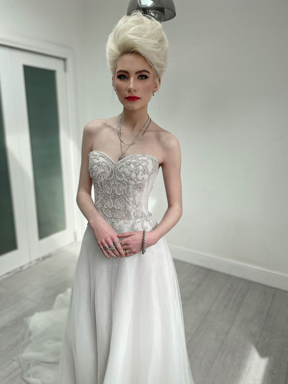 Thumbnail: White tulle beaded bridal gown