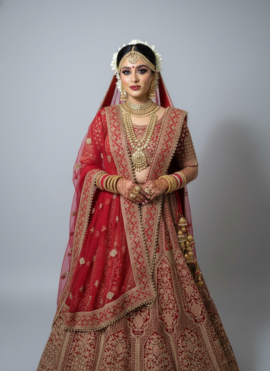 Thumbnail: Indian red bridal lehenga