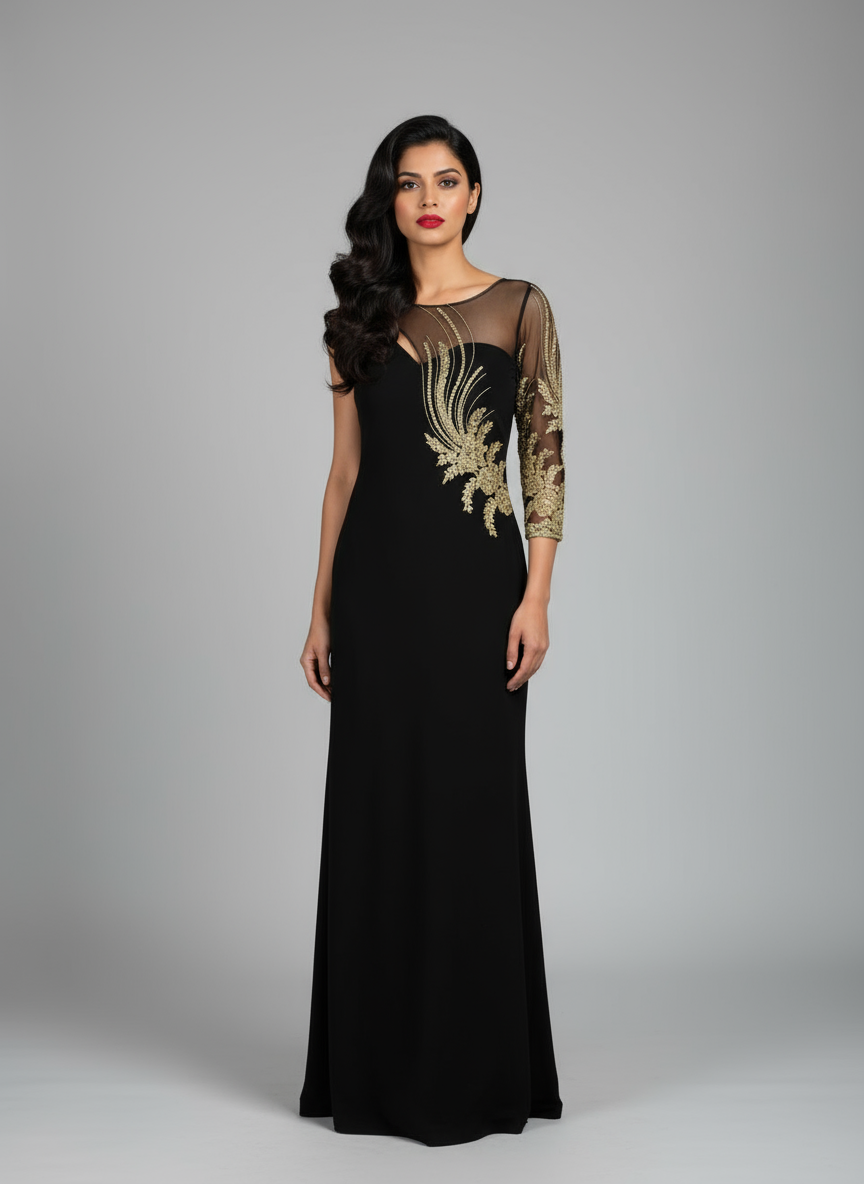 Thumbnail: Black stretch gown with gold embellishment