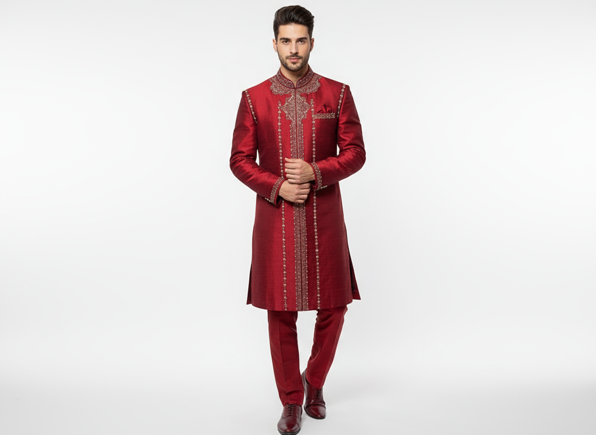 Red raw silk embroidered sherwani jacket