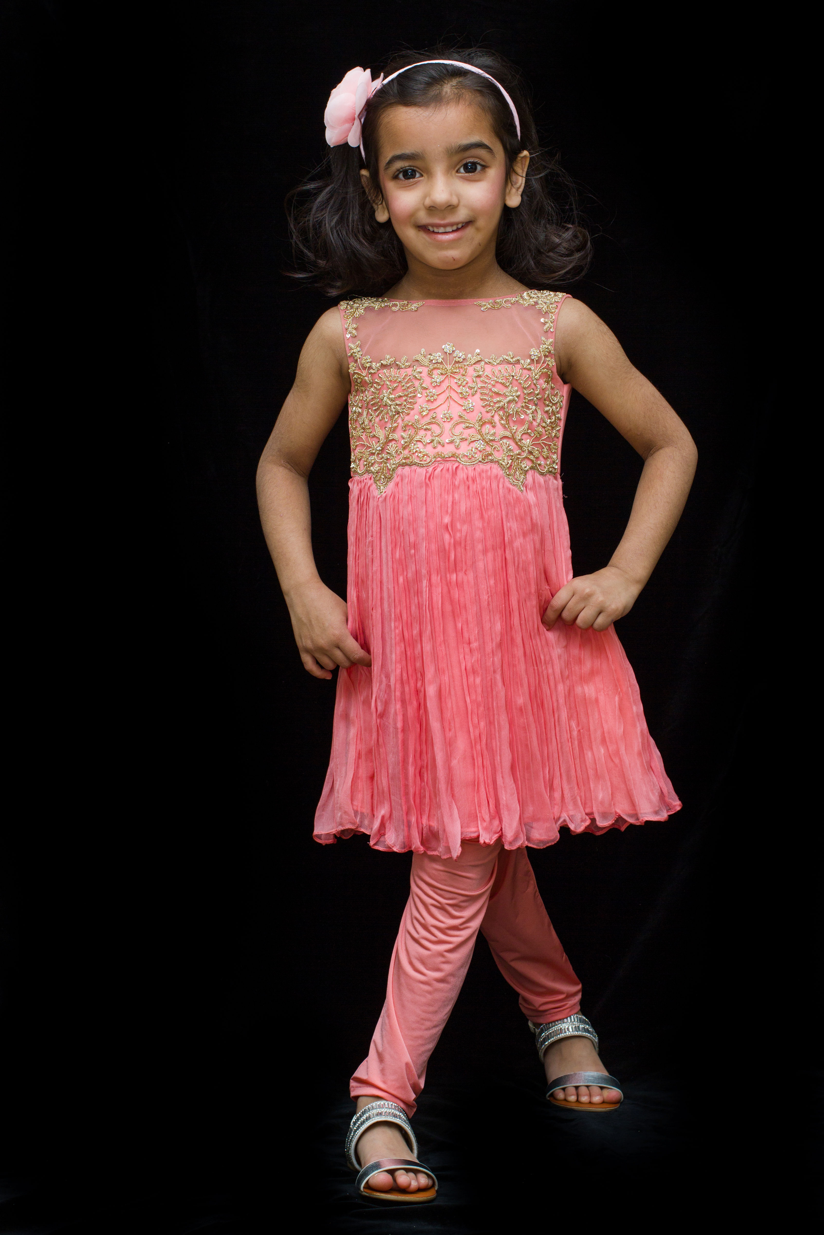 Coral chiffon kameez with lycra stretch leggings