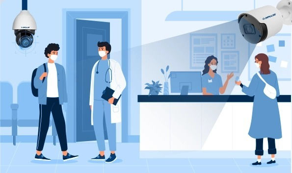 This illustration depicts a modern medical facility where CCTV monitoring services are actively used to oversee patient care areas and public spaces. The presence of security cameras enables remote CCTV monitoring services and supports 24/7 live CCTV monitoring services, helping prevent unauthorized access and ensuring compliance with safety protocols. These solutions also function as virtual guard services, offering round-the-clock protection without physical presence, making them ideal for sensitive environments like hospitals.
Illustrated scene of a hospital reception area with security cameras monitoring visitors and staff, demonstrating live CCTV monitoring services.