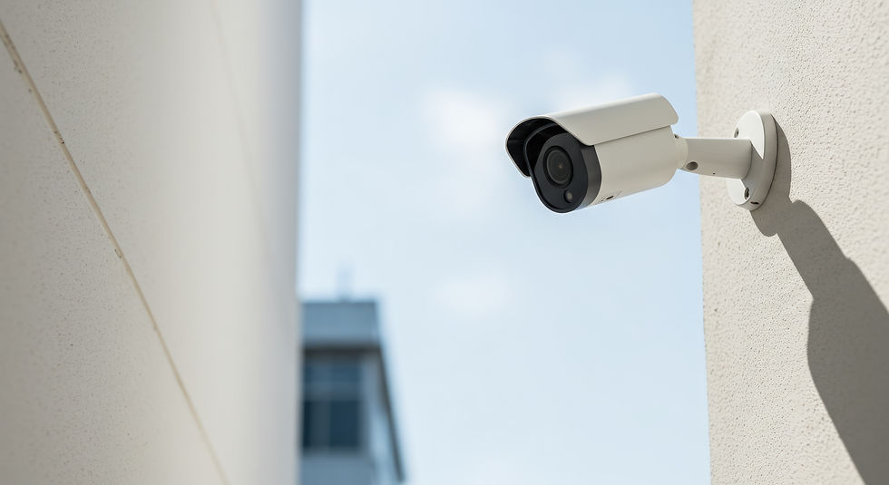 A white outdoor bullet-style security camera mounted on a light-colored building wall against a blue sky, symbolizing reliable leading cctv monitoring and cctv surveillance.
