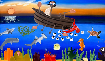 Karikatur einer Person in einem Boot mit Meerestieren bei Sonnenuntergang, Wasserszene.