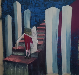 Painting of person sitting on red stairs with white pillars in background.