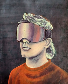 A person wearing a visor, with a orange shirt and blonde hair.