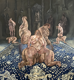 Figurative art painting with several nude figures on a patterned carpet.