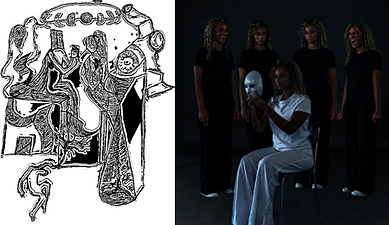 Beyonce holding a mask in front of five figures, with a classical drawing