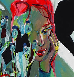 Vibrant painting of woman with red hair and red lipstick, looking thoughtful.