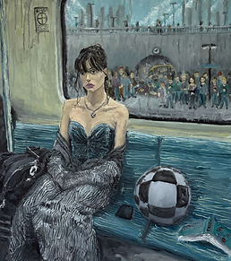 Frau in formeller Kleidung im Zug, mit kariertem Ball und Menschenmenge im Hintergrund