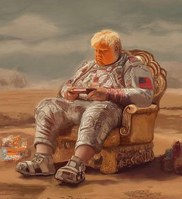 Man in spacesuit plays handheld game while seated in gilded chair.