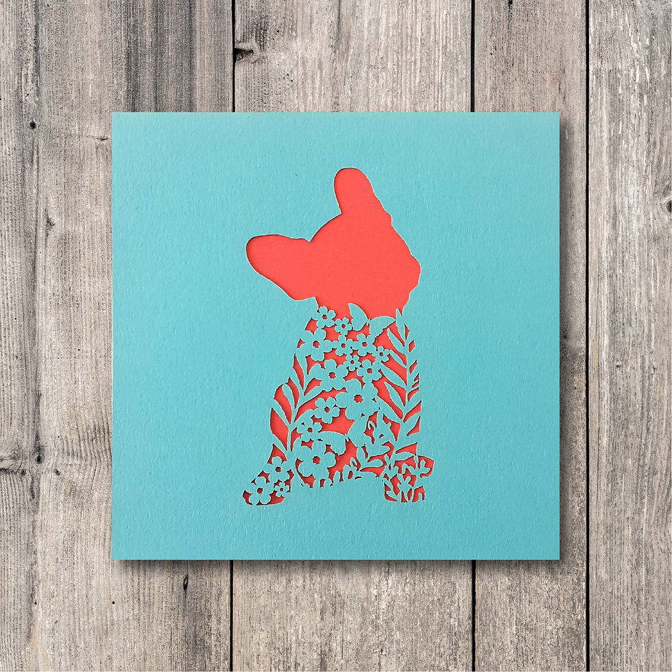 turquoise and coral pink french bulldog greetings card with laser cut floral embellishment