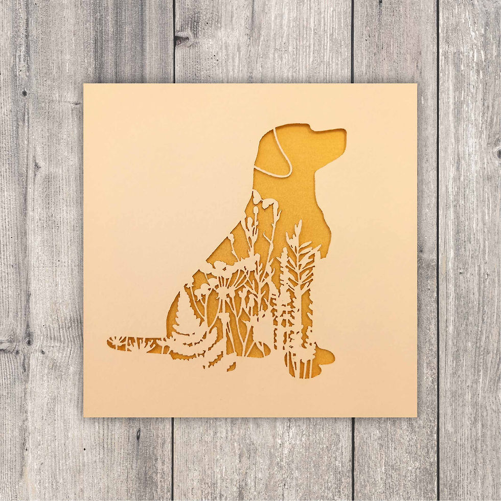 gold laser cut labrador retriever dog card with floral embellishment
