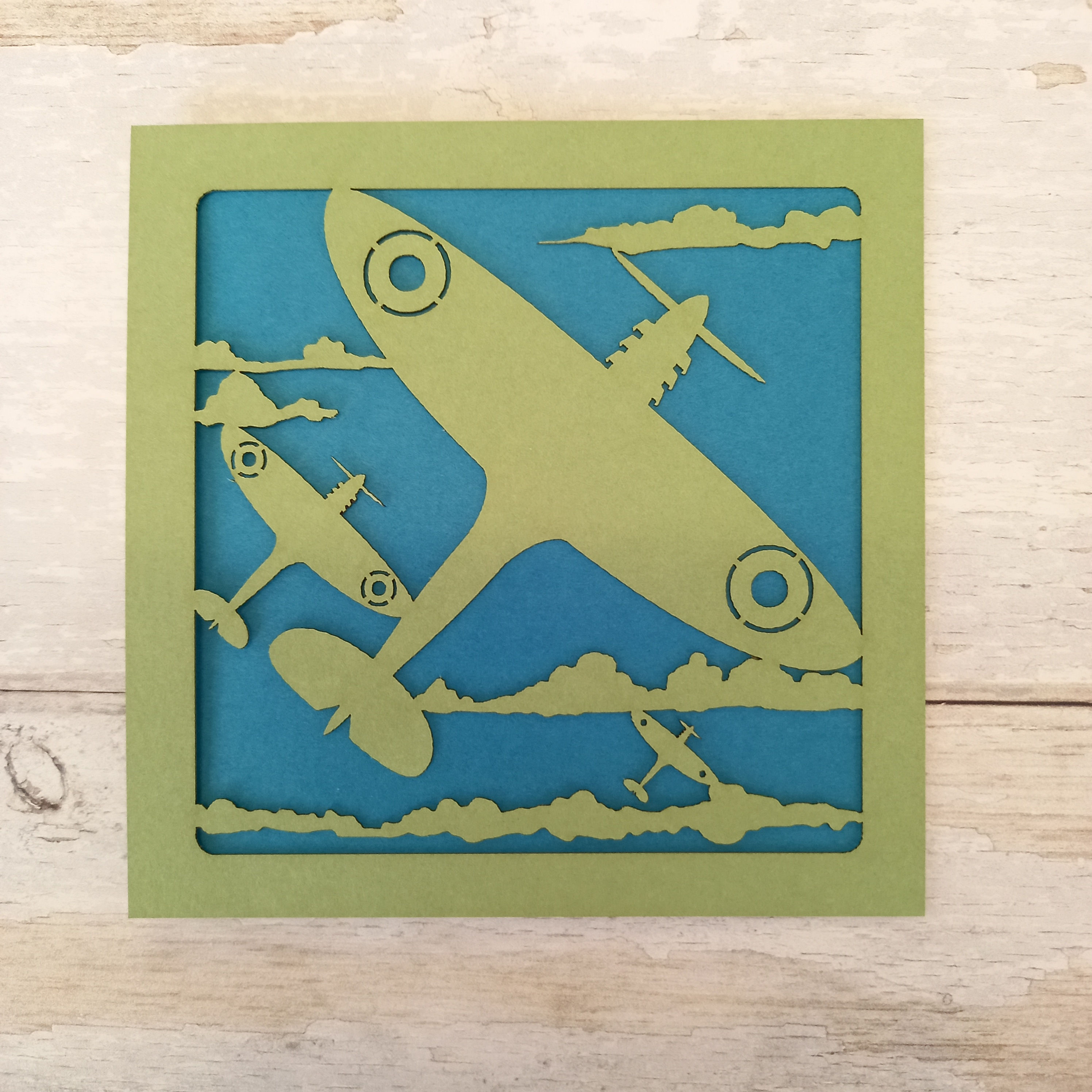 khaki green and teal flying spitfire greetings card