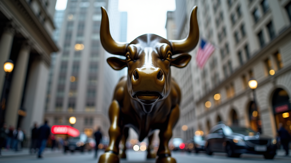 Eye-level view of a bull statue symbolizing the stock market