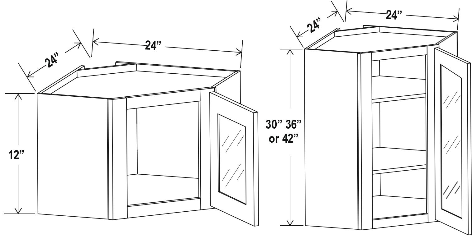Shaker Gray Diagonal Glass Door Corner Wall Cabinet 24W