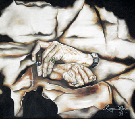 LAS MANOS DE MI PADRE
Técnica: Óleo sobre tela.
Tamaño: 100 x 120 cm.
Año: 1999
Entre sus líneas, el mundo fue posible y en su descanso permanece todo lo que aún se sostiene.