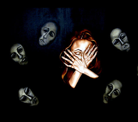 PRESENCIAS
Técnica: Óleo sobre tela.
Medidas: 140 x 120 cm.
Año: 1997
Máscaras que están ahí siempre, que están prestas a cubrir los verdaderos rostros. Máscaras que nos impiden ser quienes realmente somos, quienes queremos ser y quienes tenemos derecho a ser… todo por guardar las apariencias y pertenecer.