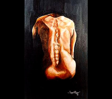 TE ESCUCHO
Técnica: Óleo sobre tela.
Medidas: 50 x 60 cm.
Año: 1999
La espalda se muestra como la fortaleza que aún cargando el propio dolor, es capaz de sostener al otro.
“Yo te ayudo a seguir… puedes depositar tus temores y tu dolor sobre mi espalda”.