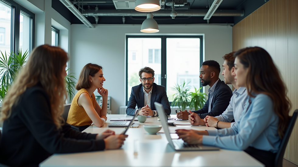 Eye-level view of a diverse group of professionals collaborating in a modern office space