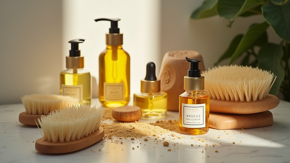 High angle view of a natural haircare routine setup with oils and brushes