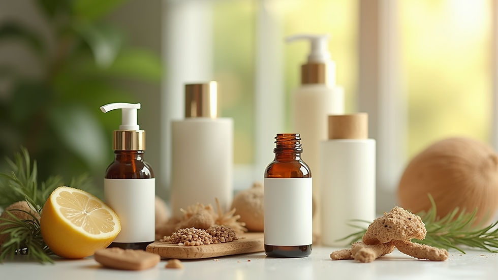 Close-up view of eco-friendly skincare bottles with natural ingredients