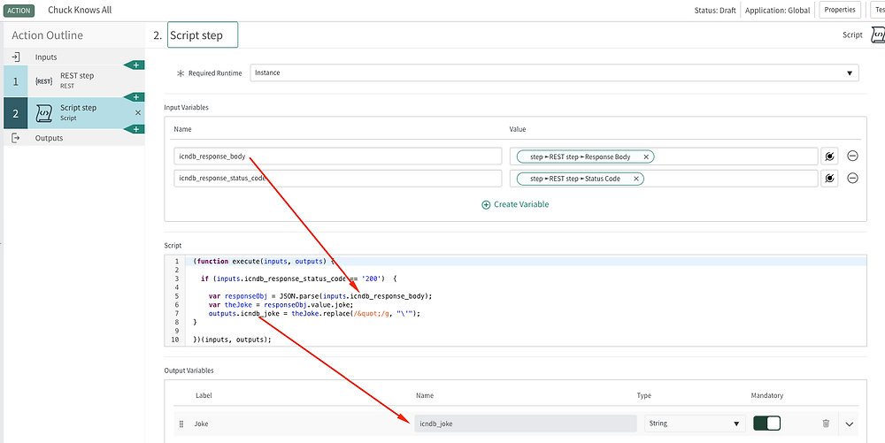 ServiceNow custom action step 1 - example Script