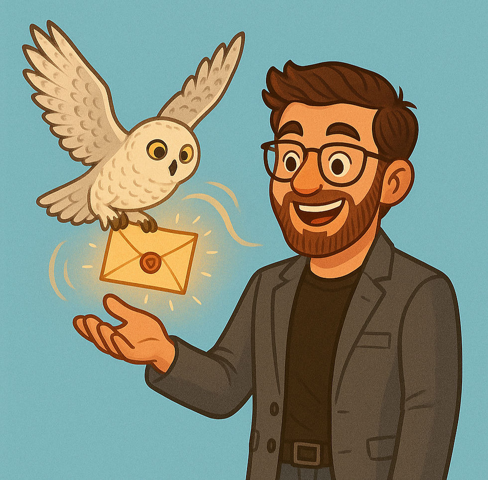 Cartoon man smiling as a white owl delivers a glowing golden envelope into his hand, symbolizing magical story delivery.