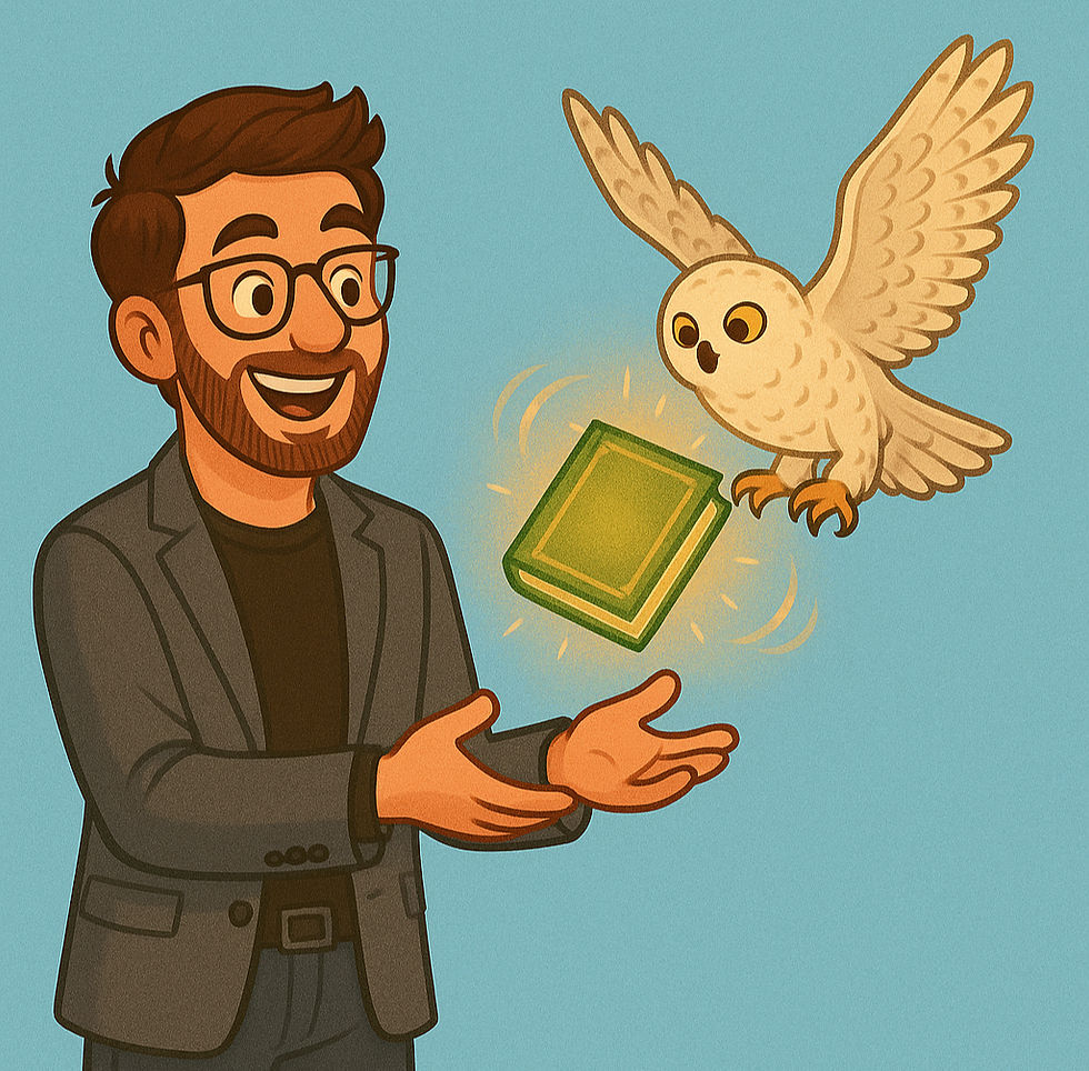 Cartoon man reaching out to send a glowing green book from a flying owl, symbolizing storybook magic delivery.