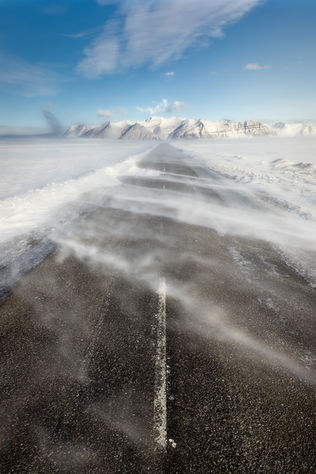 Highway on Iceland in winter with snowdrifts