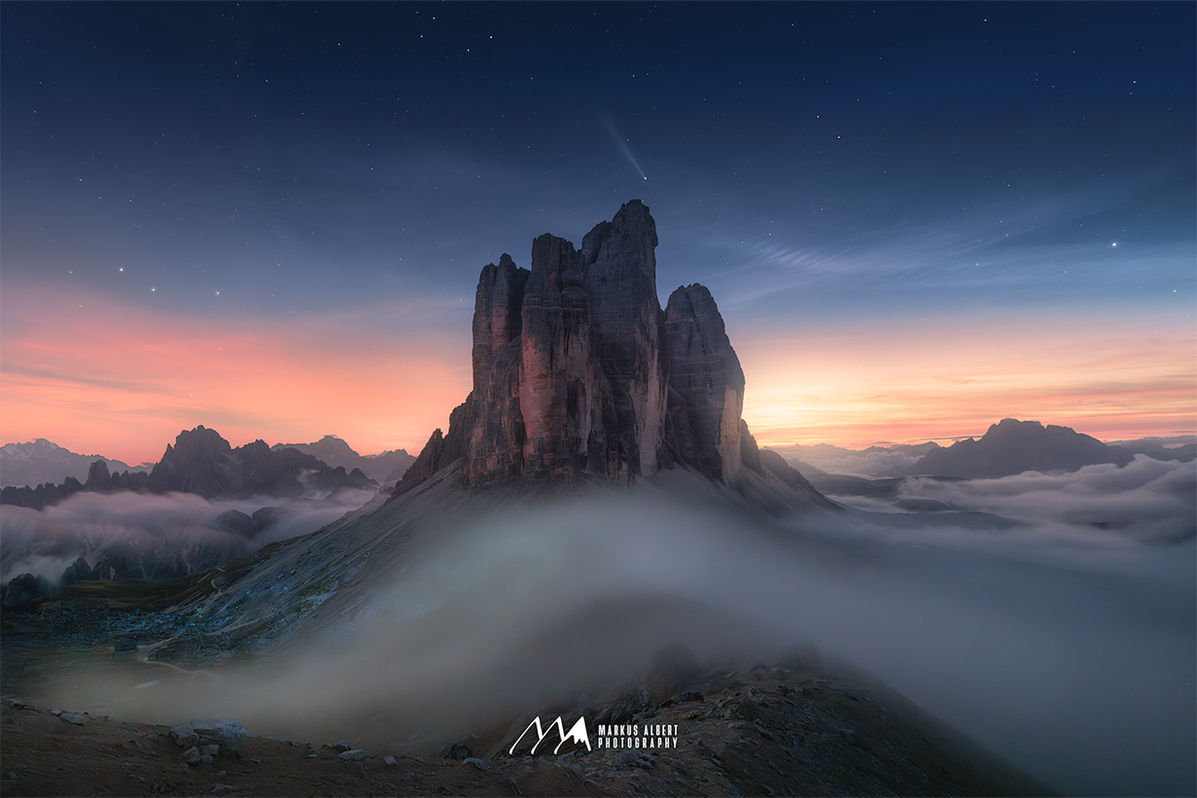 Image of the Tre Time in the Dolomites with the Atlas Comet during sunset