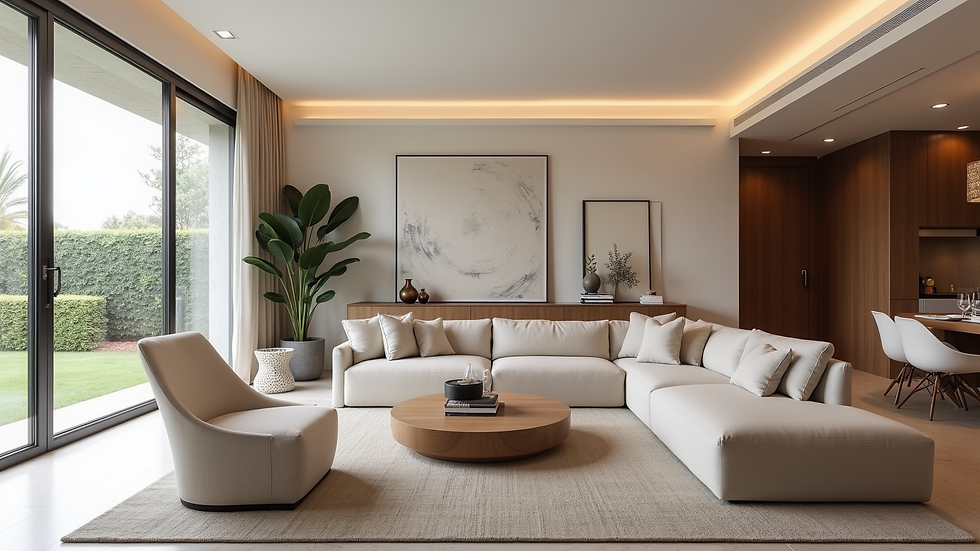Wide angle view of a spacious and beautifully designed living room in a custom home