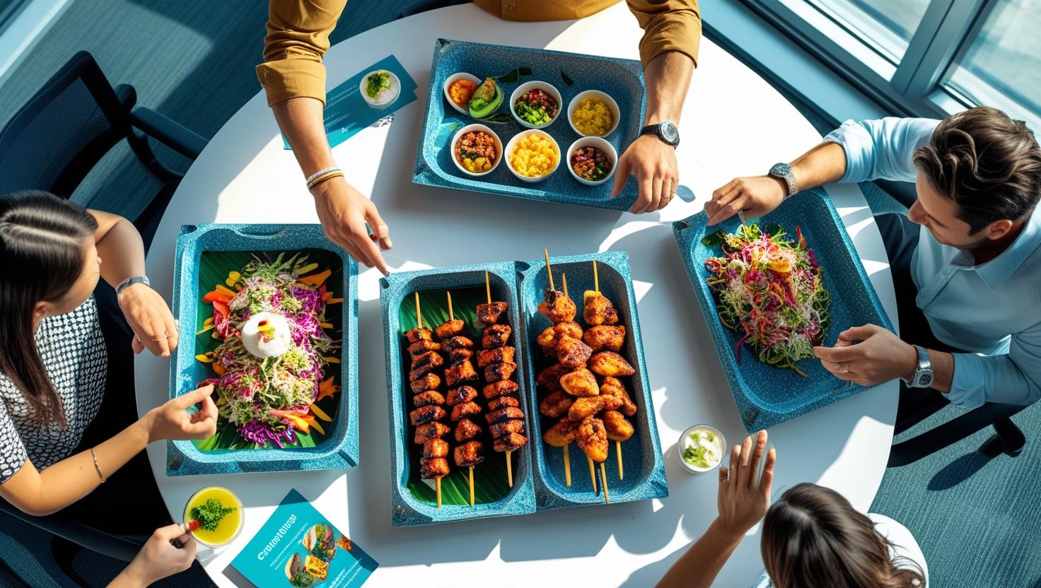 JT Fusion Cocina corporate lunch setup — office conference table with tri-cultural fusion dishes