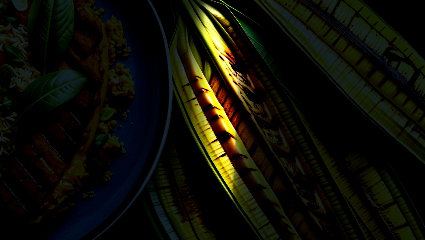 JT Fusion Cocina — high-contrast grill marks and colorful fusion plating