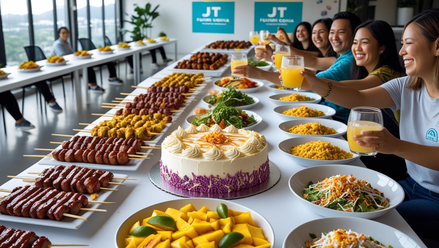 JT Fusion Cocina all-hands team event buffet — BBQ skewers, sinigang pancit, sisig burritos, lumpia