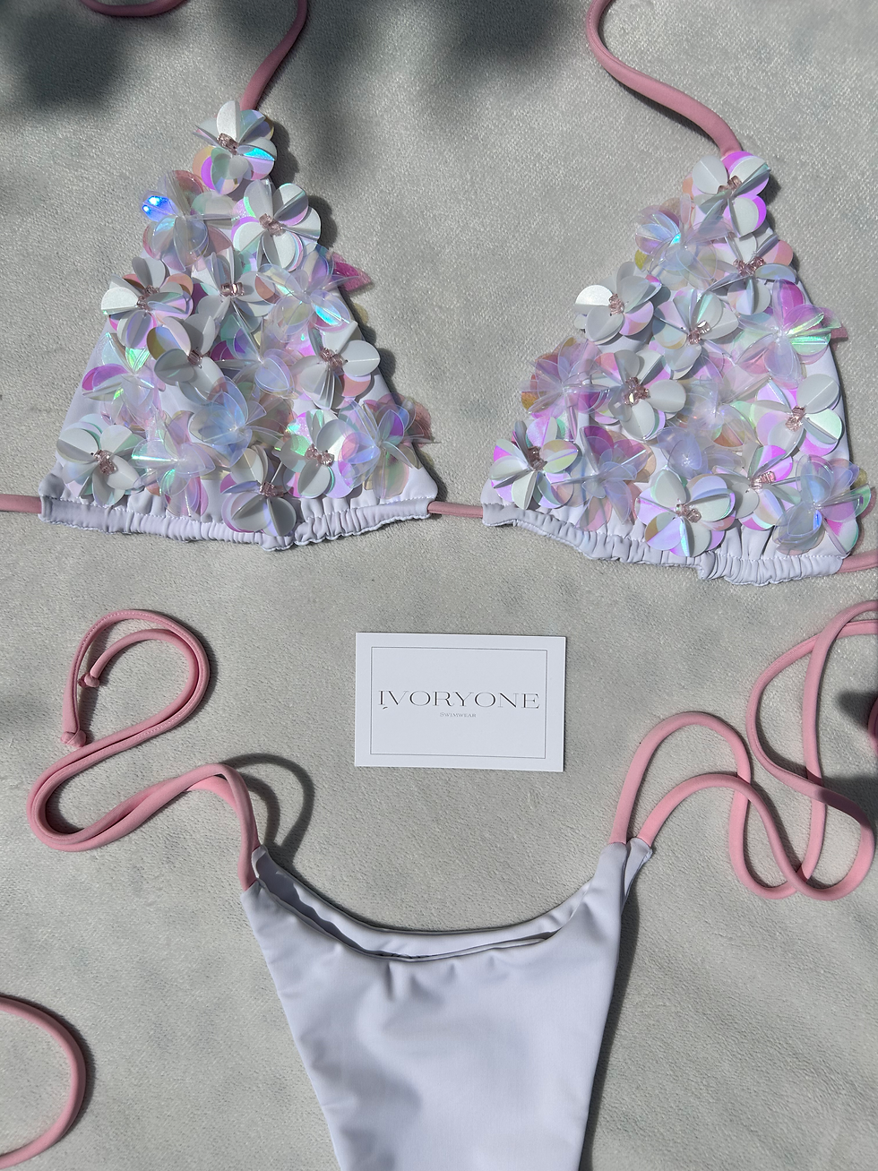 Thumbnail: White and Pink Iridescent Sequin Bikini Set
