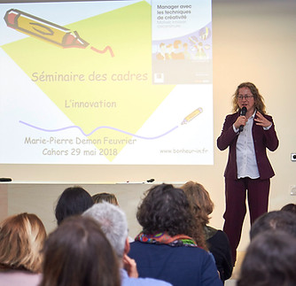 Marie-Pierre Demon a animé plusieurs séminaires de cadres, combinant apports et animation d'ateliers dynamiques, comme celui-ci à Cahors
